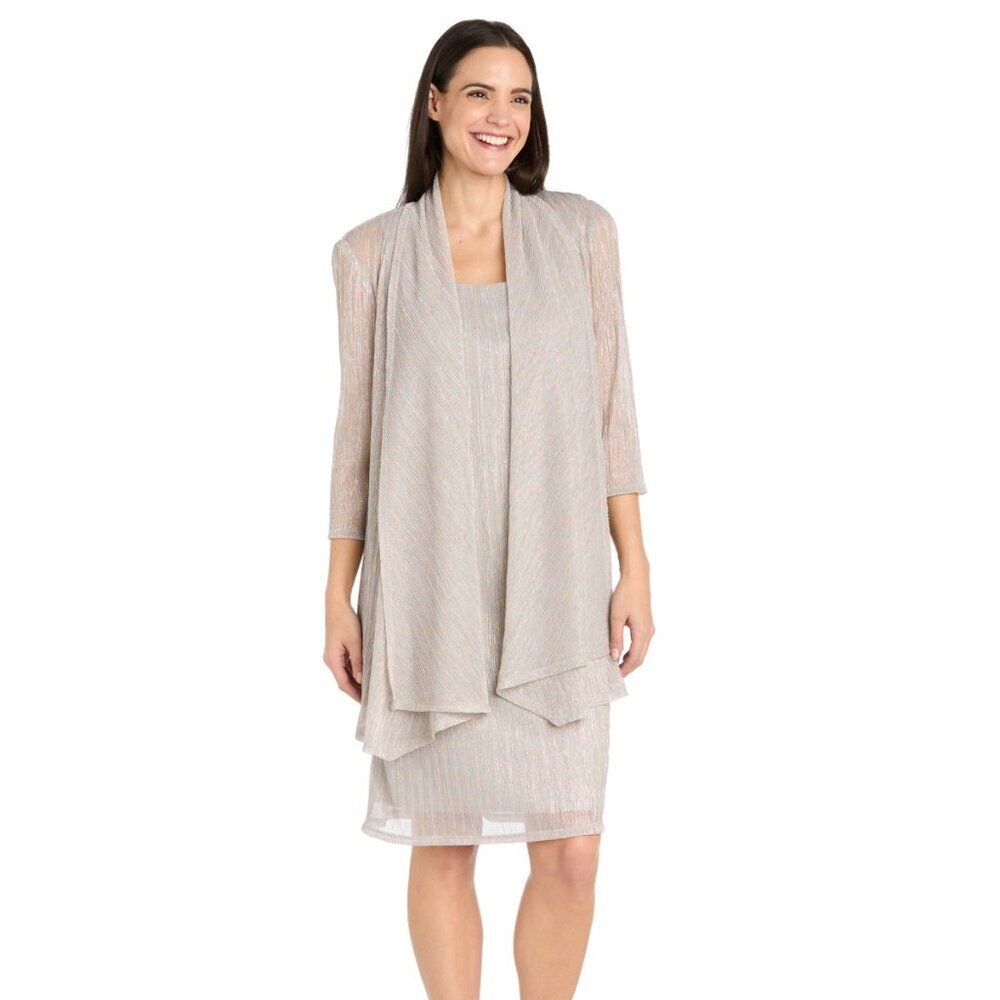 R & M Richards Metallic 2-Piece Sleeveless Dress & Jacket – Champagne NWT 10